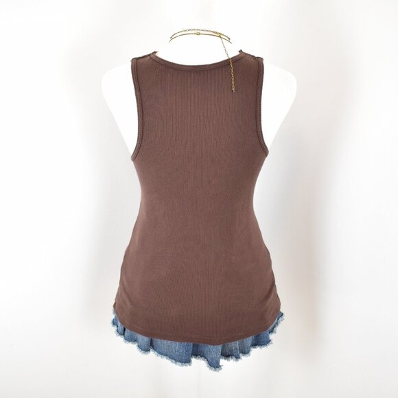 VTG 00s Y2K Brown Ribbed Knit Satin Bust Crisscross Lace Trim Babydoll Tank Top - Picture 3 of 6